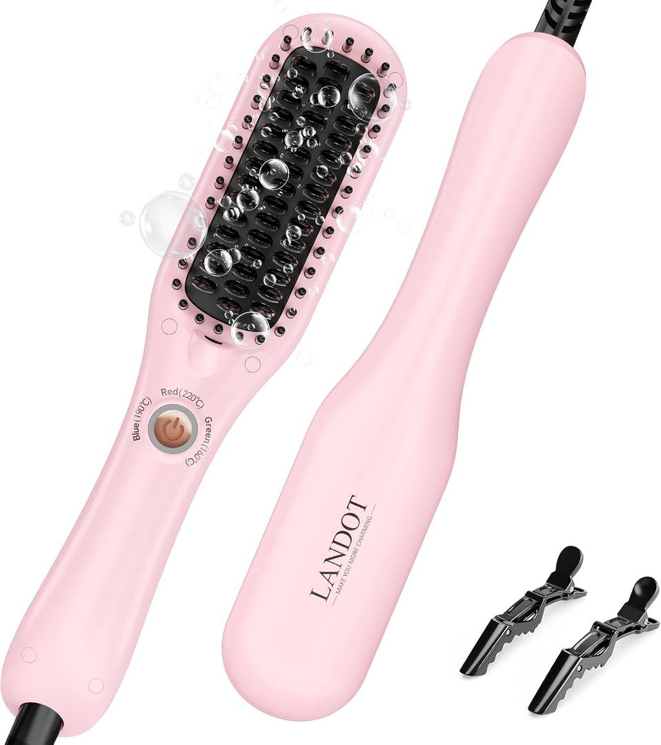 LANDOT Mini Hair Straightening Brush - Compact Heated Ionic Straightener Brush for Frizz-Free, Smooth Results, Lightweight Hot Comb & Travel Flat Iron Perfect for Short Medium Hair, Blush