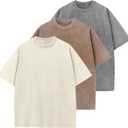 Men's Cotton T-Shirts Oversized Unisex Short Sleeves Casual Loose Wash Solid Basic Tee Tops (XX-Large, Beige+coffee+grey)