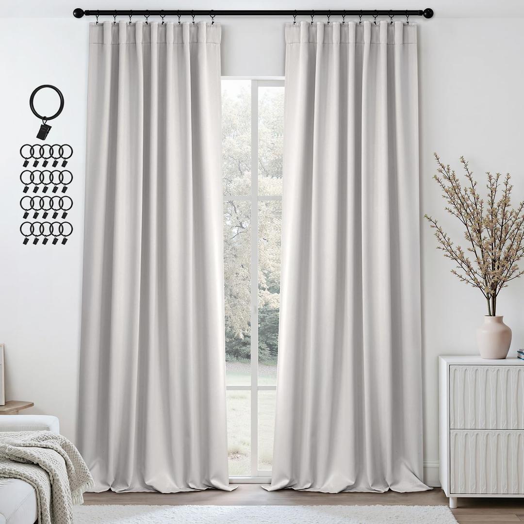 Back Tab Blackout Curtains for Bedroom Living Room, Rod Pocket Pinch Pleated Thermal Insulated Room Darkening Curtains 90 Inches Long 2 Panels, White, 52"W x 90"L