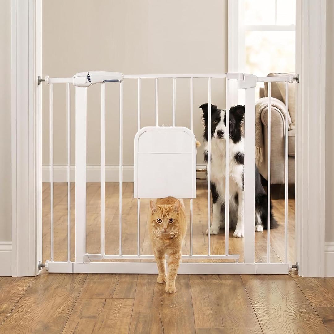 Metal Pet Gate with Cat Door, Adjustable Dog Gate for Doorways & Stairs, Pressure Mounted, Auto-Close, No Tools Needed, 29-45 Inches, White, 29X45 Inches