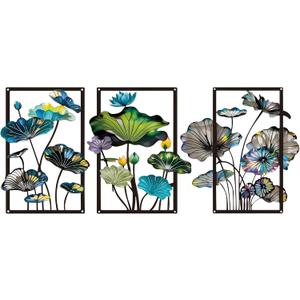 pechpell 3 Pieces Metal Lotus Flower Wall Art Sculpture, 11.811 Inch Asian Oriental Chinese Hanging Decor, Floral Living Room Bedroom Bathroom Kitchen Decorations For Home (colorful)