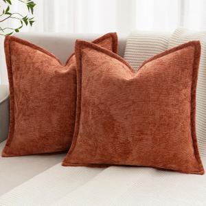 Burnt Orange Fall Decorative Throw Pillow Covers 20x20 Inch Set of 2 Cozy Soild Chenille Cushion Cases Soft Textured Square Couch Pillows Cover Boho Accent Farmhouse Pillowcases for Bed