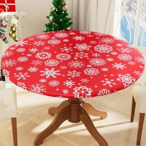 Smiry Snowflake Round Picnic Tablecloth, Wipeable Flannel Backed Vinyl Tablecloths for 45" - 56" Tables, Waterproof Elastic Fitted Table Covers for Camping, Indoor, Outdoor, Christmas Red & White
