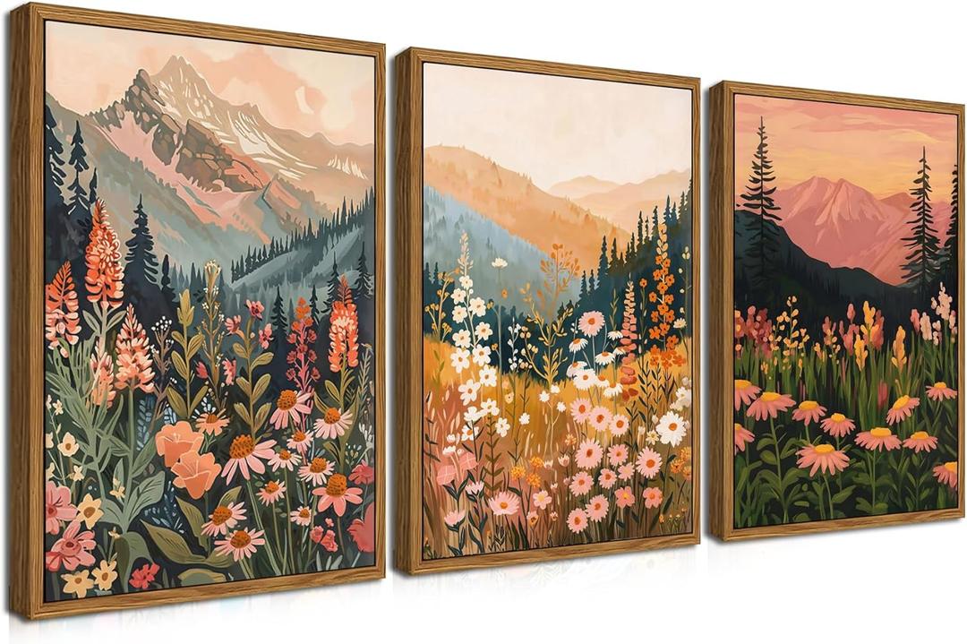 Floating Framed Boho Colorful Mountain Wall Art Set of 3, Vintage Wildflower Landscape Canvas Wall Decor Paintings, Nature Floral Forest Posters Pictures Prints for Living Room Bedroom 12x16 Inch (16L" x 12W")