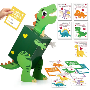 Dinosaur Valentines Day Box and Cards for Kids School, Valentines Day Gifts for Kids with Valentine Dino Card for Classroom Exchange, Party Favor (1 Dinosaur Box, 32 Valentine Cards, 1 Teacher Card)