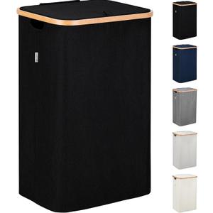 LONBET Laundry Basket with Lid, Made from Breathable Fabric | Aesthetic Clothes Hampers for Laundry with Side Handles & Sturdy Bamboo Frame (26 Gallons - Single, Black)
