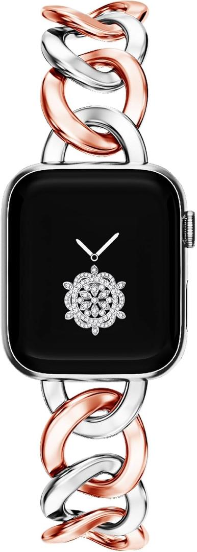 Kolgios Cool Chain Smartwatch Bands Compatible for Apple Watch Bands Stylish Replacement Watch Strap for Iwatch, Size: 42mm(Series 10/11)/41mm/40mm/38mm (Sliver/Rosegold)