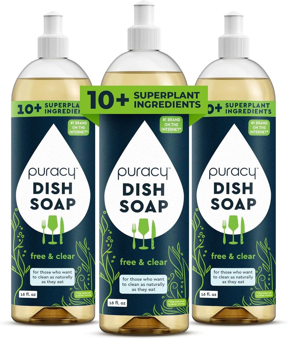 Puracy Natural Dish Soap Packs- Unscented Skin-Softening Plant-Based Dishwashing Soap, Non-Toxic Dish Soap, Fragance Free Organic Liquid Dishwashing Detergent Soap (Unscented, 16 fl oz, 3 Pack)