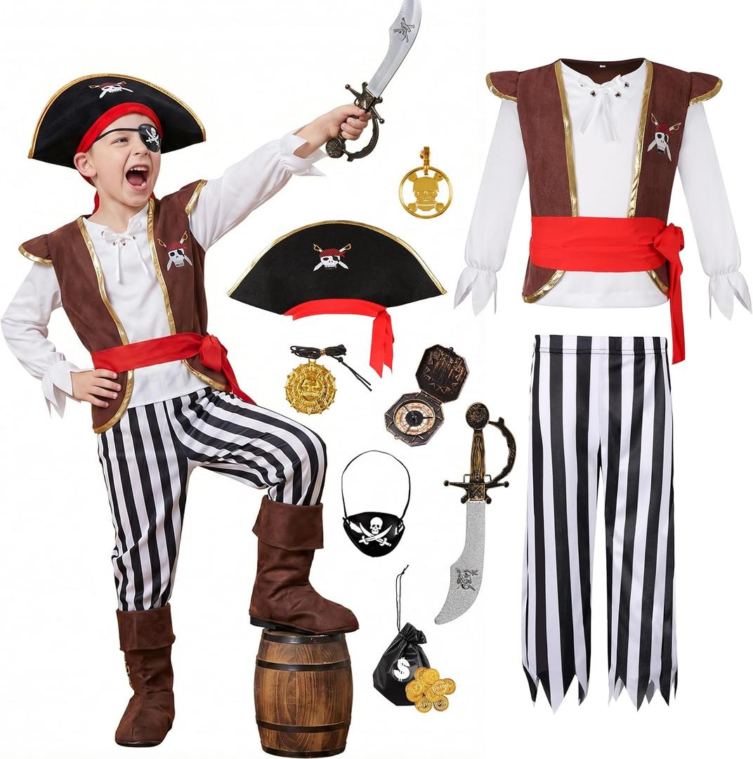 Kids Pirate Costume for Boys with Pirate Accessories Set Halloween Party Dress Up