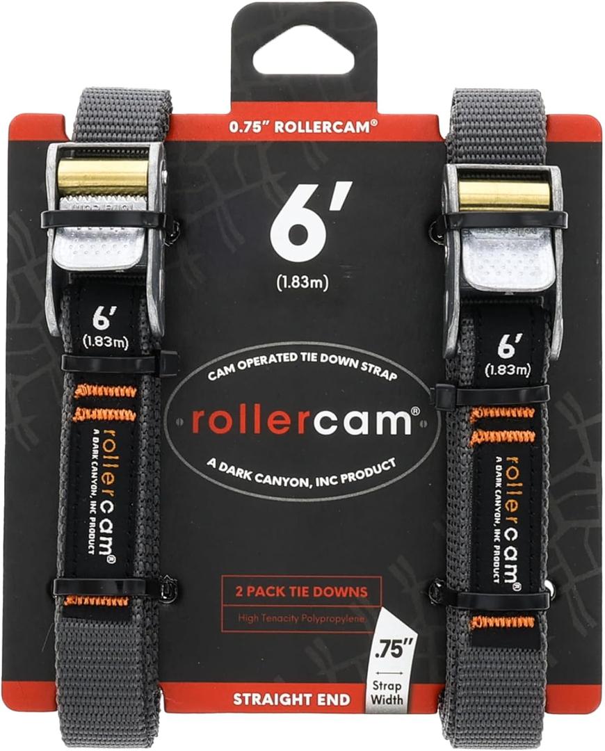 Rollercam 0.75” Tiedown Straps with Rollercam Buckle - Cam Strap Polypropylene Webbing with Triple-Bar Tack Stitching – Outdoor Gear Heavy-Duty Lashing Straps, 95 lb Load, Straight End, 2 Pack, 6 Foot