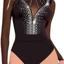 Women's Rhinestone Bodysuit Sheer Mesh Glitter Body Suit Tops Shirts Leotards (Large, #38 Black)