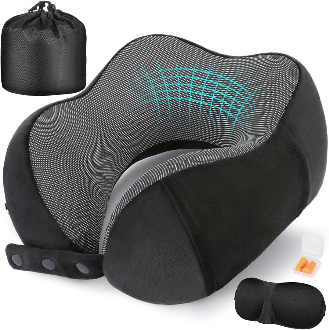Neck Pillow for Traveling, Travel Pillows for Airplanes,100% Pure Memory Foam Travel Neck Pillow, Adjustable Flight Pillow, Portable Plane Accessories with Eye Mask, Earplugs, Carry Bag (Black)