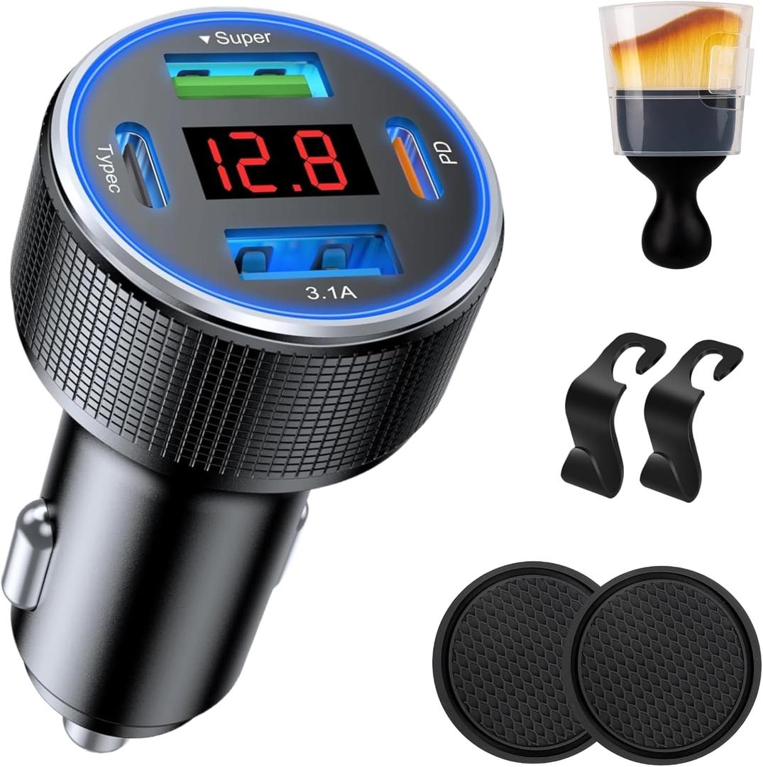 131W Car Charger Super Fast Charging Cigarette Lighter USB Phone Accessories Charger Voltmeter Adapter with QC USB c Type c PD Universal Quick Charge Multi 4 Port for 12-24v Car Cigarette Lighter Plug