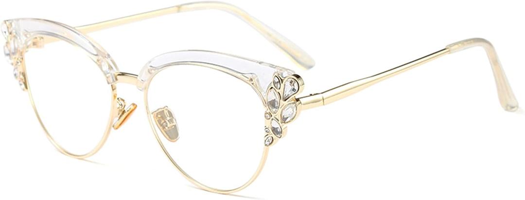 Rhinestones Bling Bling Cateye Reading Glasses Women Blue Light Blocking (Clear, +1.25)