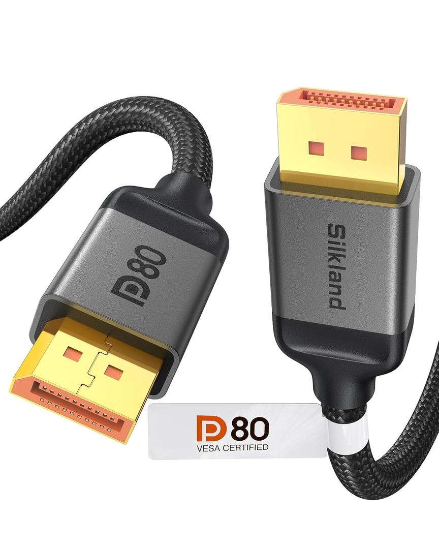 Silkland 80Gbps DisplayPort Cable 2.1 3.3FT [VESA Certified], [8K@240Hz, 4K@540Hz 360Hz 240Hz] DP 2.1 Cable 16K, DP80 HDR DSC Display Port Cord Compatible FreeSync G-Sync Gaming Monitor 5090 7900XTX