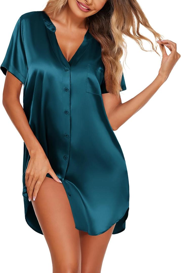Ekouaer Women's Satin Nightshirt Button Down Sleepshirt Silk Short Sleeve Nightgown V Neck Sleepwear Night Shirts (XX-Large, Blue)