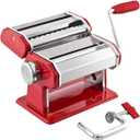Stainless Steel Manual Pasta Maker Machine | With Adjustable Thickness Settings | Perfect for Professional Homemade Spaghetti and Fettuccini | Includes Removable Handle and Clamp (Red)