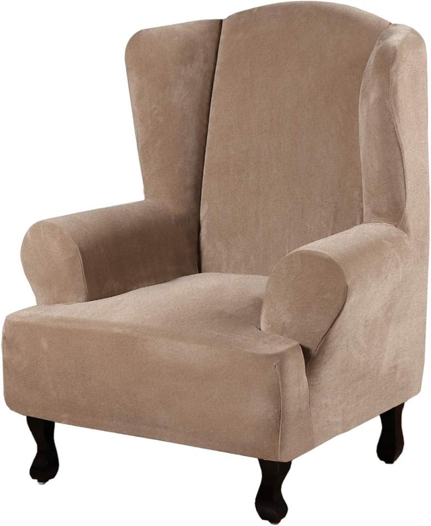 H.VERSAILTEX Wingback Chair Covers Velvet Plush Wing Chair Slipcover 1 Piece High Stretch Wing Back Chair Slipcovers Sofa Cover Furniture Cover with Elastic Bottom, Camel