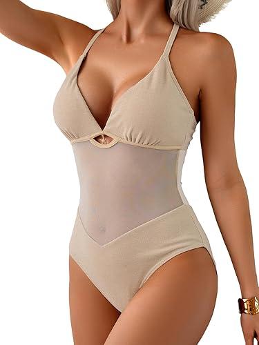 Women's Mesh One Piece Swimsuit Tummy Control Slimming Bathing Suit V Neck Cutout Shiny Swimwear M