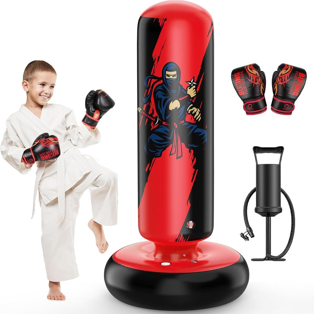 QPAU Punching Bag for Kids, 66 Inch Stable Inflatable Boxing Bag with Boxing Gloves, Stand Kids Punching Bag Toy for Boys & Girls Age 6-12, Boxing Set for Practicing Karate, Taekwondo, MMA (Black&Red)