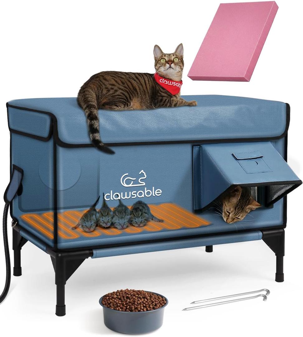 Heated Cat House for Outside Foam Board, Extremely Insulated Outdoor Cat House Escape Door, Weatherproof & Waterproof Awning, Elevated Feral Animal Shelter for Winter (25.0"L x 15.0"W x 18.5"H, Grayish Blue)