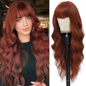 Auburn Wig with Bangs for Women Long Wavy Wigs 26 Inch Auburn Wigs Natural Looking Heat Resistant Synthetic Wig for Daily Party Use
