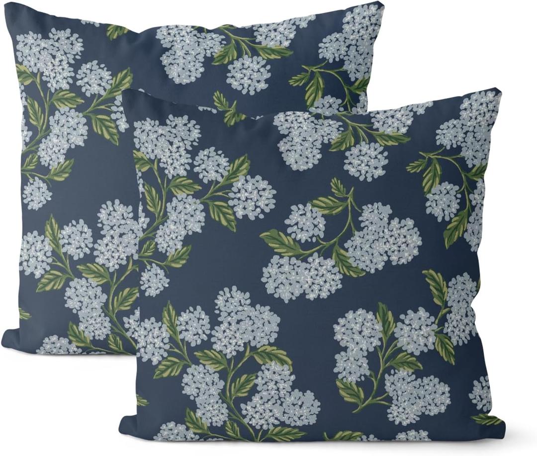 Navy Blue Spring Pillow Covers 22x22 Inch 2 Pcs Blue Green Hydrangea Flower Decor Throw Pillows Vintage Floral Seasonal Summer Outdoor Decoration Pillowcase Linen Cushion Cover for Couch Sofa