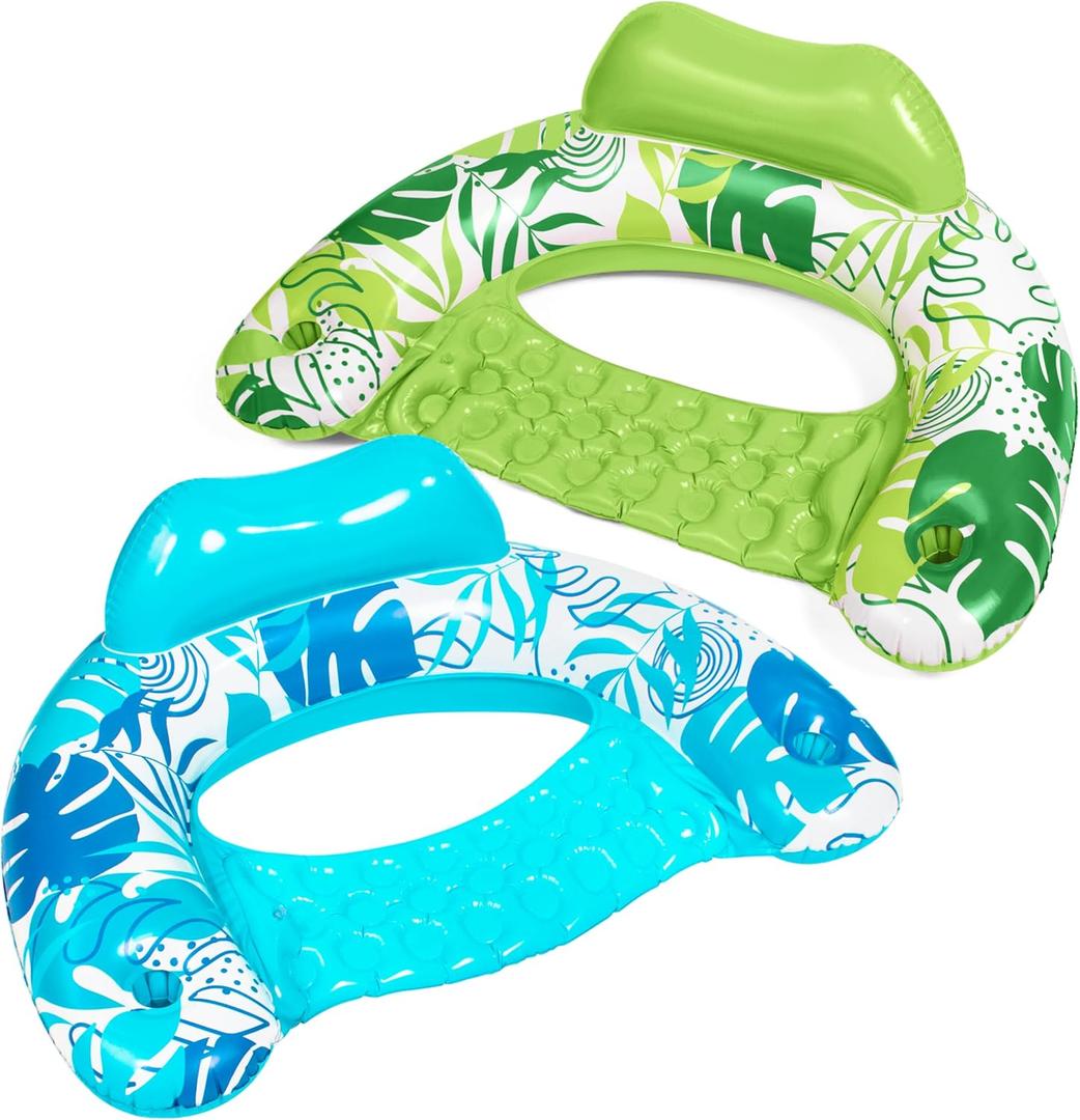 SLOOSH Inflatable Pool Floats Adult,2 Pack Pool Chairs with Cup Holders,Blow up Floats Chair,Hammock Noodle Mat Leaves Design for Relaxing Summer Water Fun Swimming Party Beach (Blue,Green)