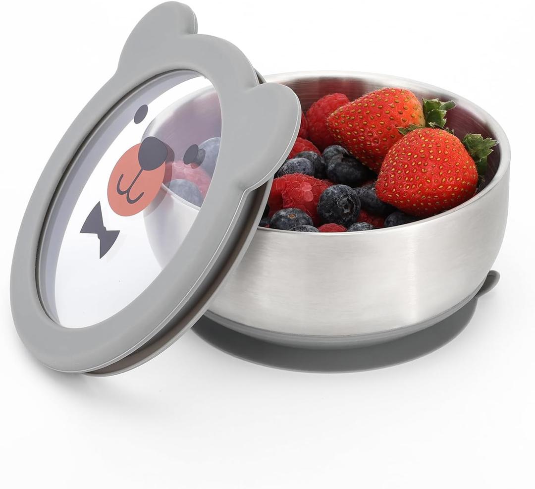 MR. CHOU Baby Bowls with Non-Slip Silicone Suction Cup, Insulated Double-Layer 18/8 Stainless Steel Toddler Bowls with BPA Free Airtight Lids, Food-Grade Silicone Safe for Kids (Gray)