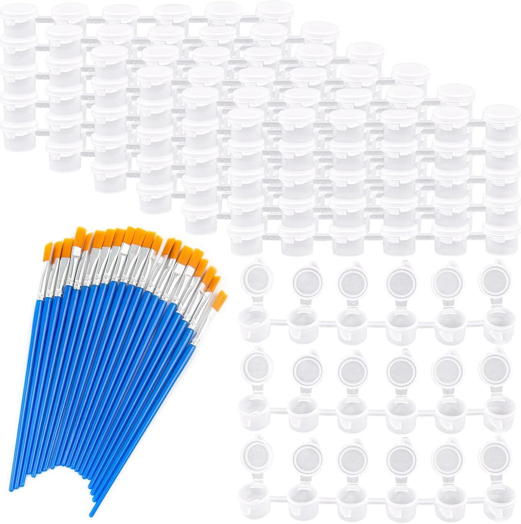 Framendino, 20 Strips 120 Pots Empty Paint Mini Pot Cups Plastic Storage Containers with Lids Pieces Brushes for School Arts Craft Supplies (3ml/0.1oz)
