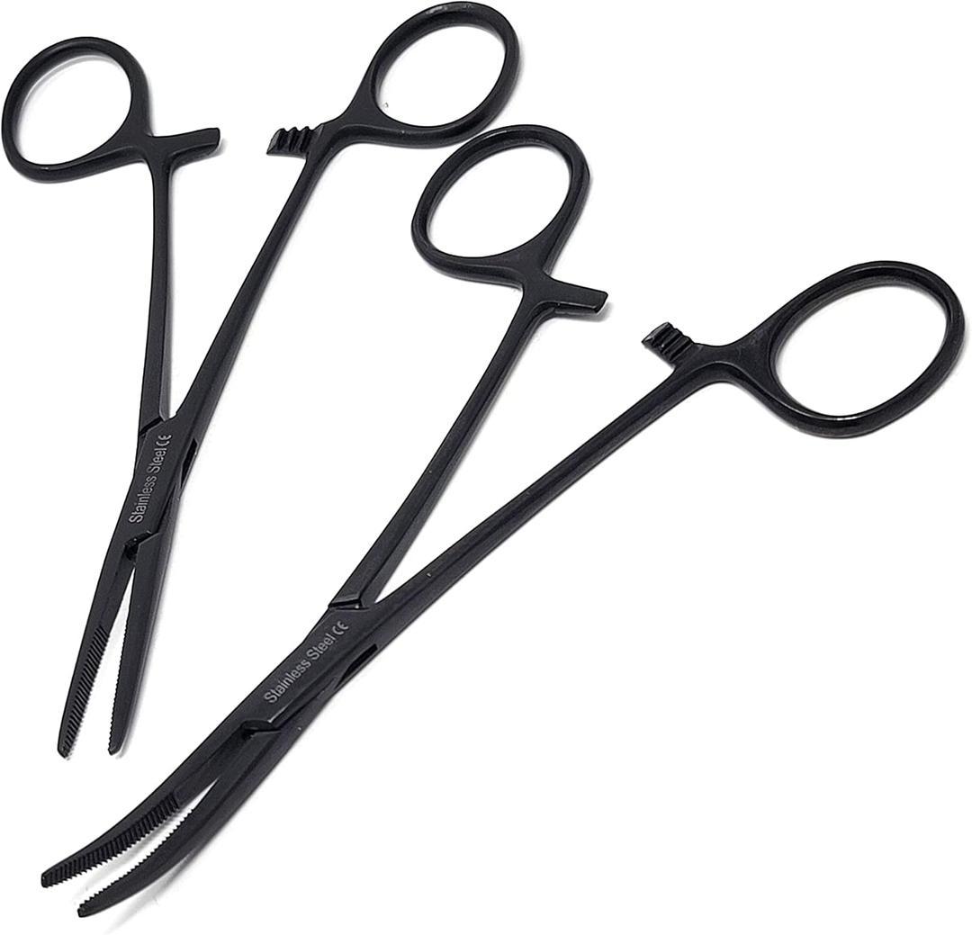 Set of 2 Pcs 5.5" Straight & Curved Kelly Hemostat Forceps Locking Clamps Premium Quality Stainless Steel Set-with Half Serrated Jaws (Black)
