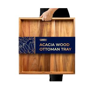 Extra Large (22") Square Premium Acacia Wood Ottoman Tray with Handles - Use for Serving Food in Style for Dinner, Breakfast, Snacks, BBQ, Entertaining Guests & More - Brown