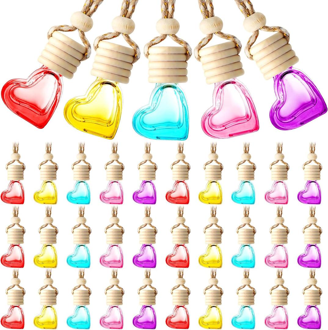 50 Pcs 6ml Hanging Car Air Diffuser Bottle Empty Glass Perfume Air Freshener Heart Love Bottle Diffuser Pendant Valentine's Day Essential Oil Fragrance Aromatherapy Ornament (Multicolor)