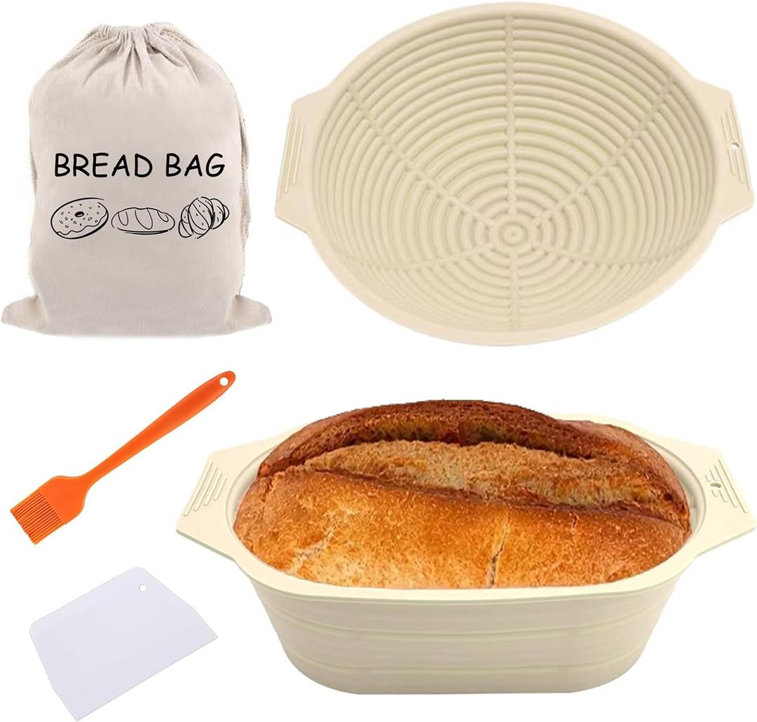 Bread Proofing Basket, 9 inch Round & 10 inch Oval Sourdough Starter Kit, Sourdough Bread Baking Supplies, Silicone Banneton Basket, Bread Making tools with Dough Scraper & Bag & Brush