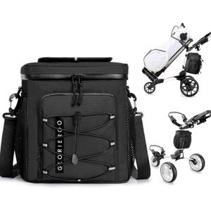 Golf Cart Cooler Bag Insulated - 12-Can Leakproof Soft Cooler Bag with Hook-and-Loop Lid, Waterproof Zippers, and Multi-Pockets for Accessories; Fits on Golf Push Cart (Black)