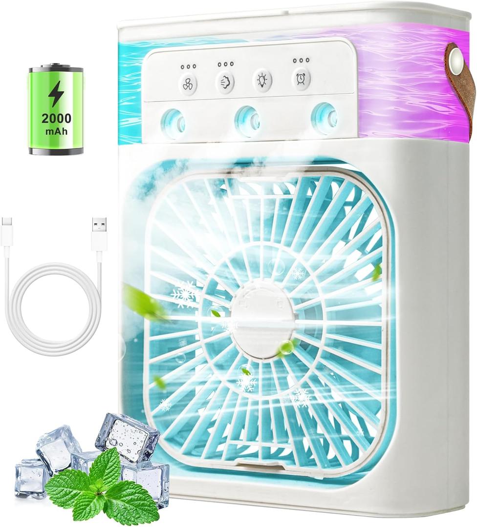 Portable Air Conditioners, 2000mAh Rechargeable Mini Air Cooler Fans, 500ML Personal Portable AC Unit with 3 Speed, 2 Spray, 7 Color, 3 Timer, Small Desktop Cooling Fan for Bedroom Office (White), 6.88 in * 2.76in *8.85 in