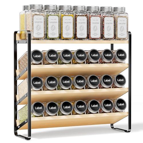 MUDEELA 4 Tier Spice Rack Organizer for Cabinet, Wooden Vertical Spice Shelf, Seasoning Organizer for Countertop, Kitchen, Pantry, Freestanding, 13.4" W × 11.2" H (No Jars Included), Black