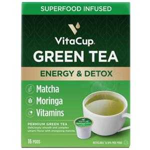 VitaCup Green Tea Pods, Enhance Energy & Detox with Matcha, Moringa, B Vitamins, D3, Keto, Paleo, Vegan, Recyclable Single Serve Pod, Compatible with Keurig K-Cup Brewers,16 Ct