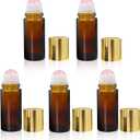 5 Pack Rose Quartz Roller Bottles for Essential Oils, 50ml Refillable Amber Glass Roll On Bottles with Natural Crystal Roller Balls, Leak-Proof Travel Perfume Bottle with Gold Caps