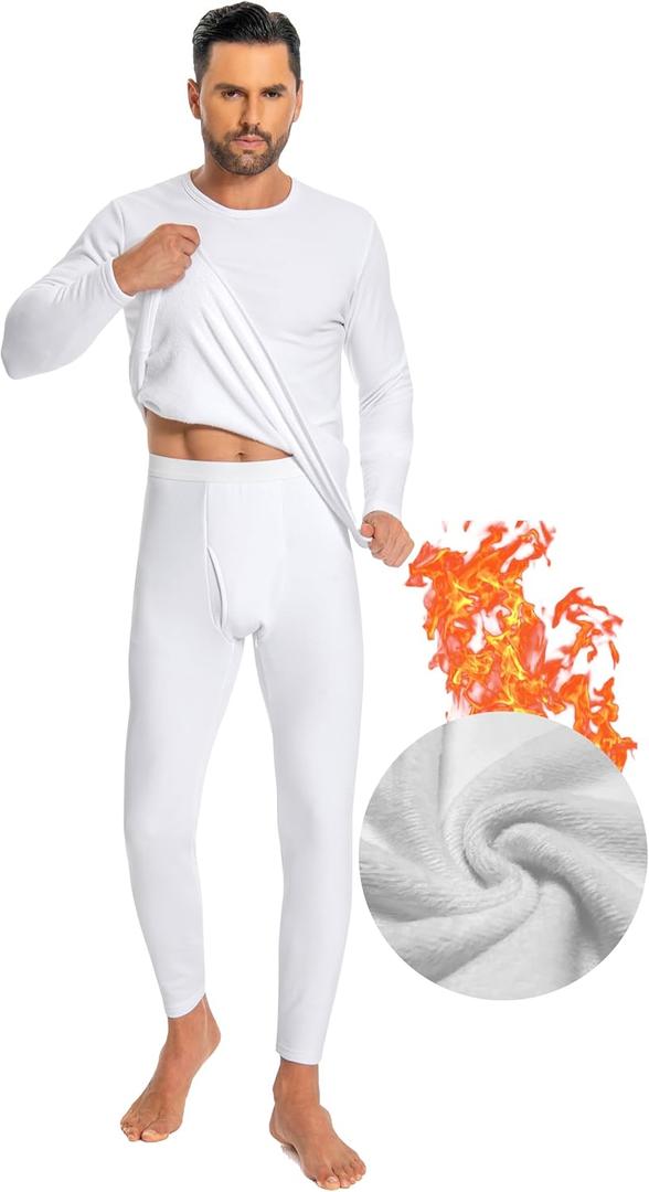 Cyathea Mens Thermal Underwear Set Ultra Thick for Cold Weather Fleece Lined Long Johns Winter Base Layer Top and Bottom (Large, Heavyweight Fleece White)