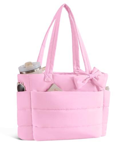 CTWWFS Puffer Tote Bag for Women, Quilted Bow Tote Bag with Cup Holder & 15.6 In Laptop Compartment, Lightweight Puffy Shoulder Bag with Zipper for Work, Travel, Gym, College (Dark Pink)