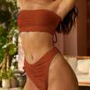ZAFUL Women Strapless Textured Bandeau Bikini 2 Piece Swimwear Cheeky Solid Lace up Bathing Suits (Brown, M)