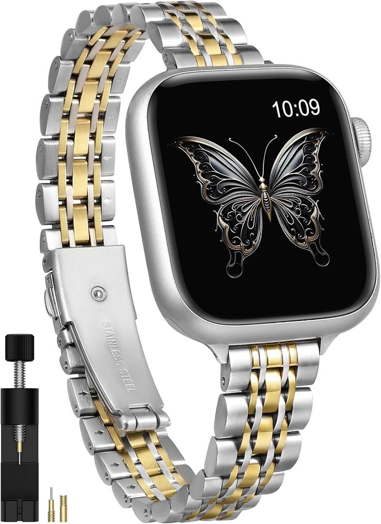 Moolia Slim Metal Band Compatible with Apple Watch Band 42/41/40/38/46/45/44/49mm Modern Design Elegant Luxury Women Replacement Bracelet for iWatch Series 11 10 9 8 7 6 5 4 3 2 1 SE/Ultra(1/2/3) (Silver/Gold Girlfriend)