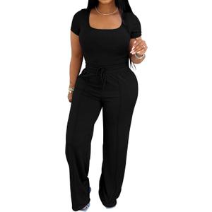 PINSV Women's 2 Piece Outfits Lounge Short Sleeve Tops High Waisted Wide Leg Pants Tracksuit Sets Black M