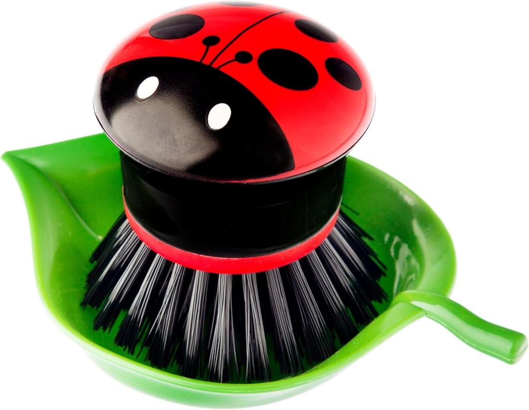 Vigar Ladybug Palm Dish Scrub Brush with Holder, Perfect Kitchen Brushes for Dishes, Sink Brush and Cleaning Brushes for Household Use, Red, Green