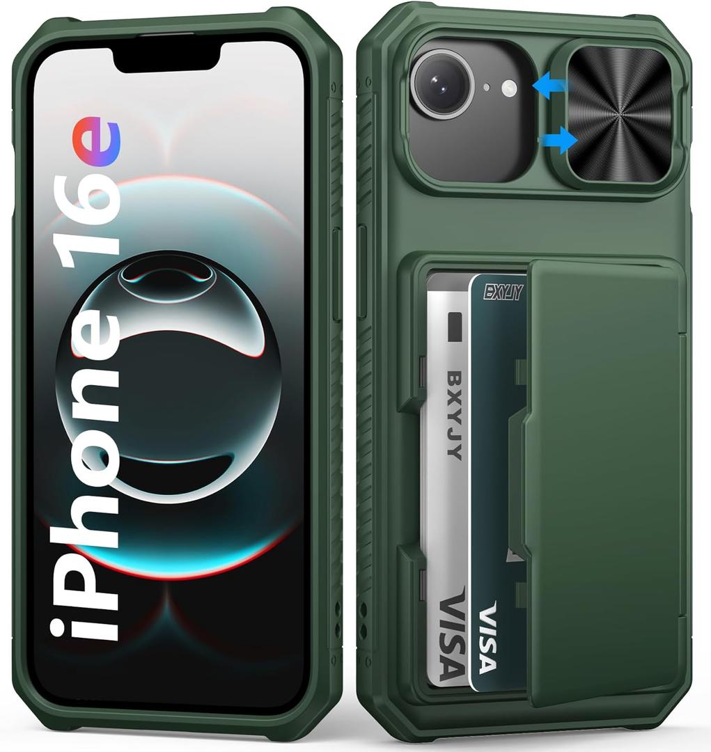 BXYJY for iPhone 16e Wallet Case, Builtin Credit Card Holder (45 Cards), RFID Block, Slide Camera Cover, Military Protection, Rugged Heavy Duty Women Men Protective Phone Case for iPhone16 E, Green