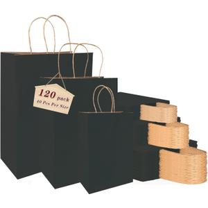 vanhel 120 pack,Black Gift Bags with Handles,Paper Bags with Handles, Assorted Sizes Bulk Black Paper Gift Bag for Business, Merchandise, Retail, Favors Grocery, Shopping