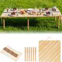 60" x 30" Folding Picnic Table with Boho Table Runner Wooden Low Table Portable for Indoor Outdoor Use Ideal for Camping Beach Weddings Garden Parties (Herringbone), 60" x 30" x 16.9"