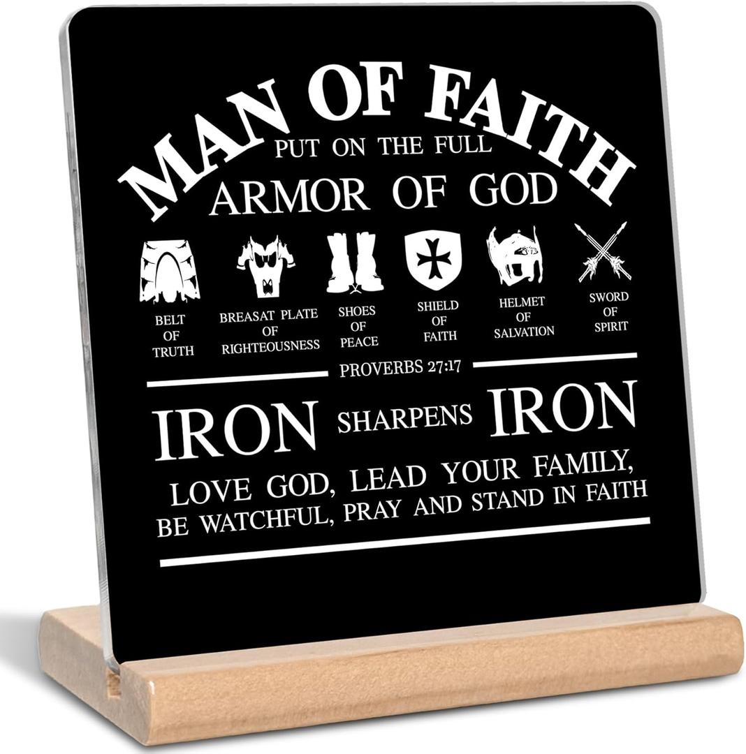 Christian Gifts for Men, Man of Faith Put on the Full Armor of God Quotes Bible Verse Acrylic Plaque Sign, Inspirational Bible Gifts for Office Home Decor (Black)