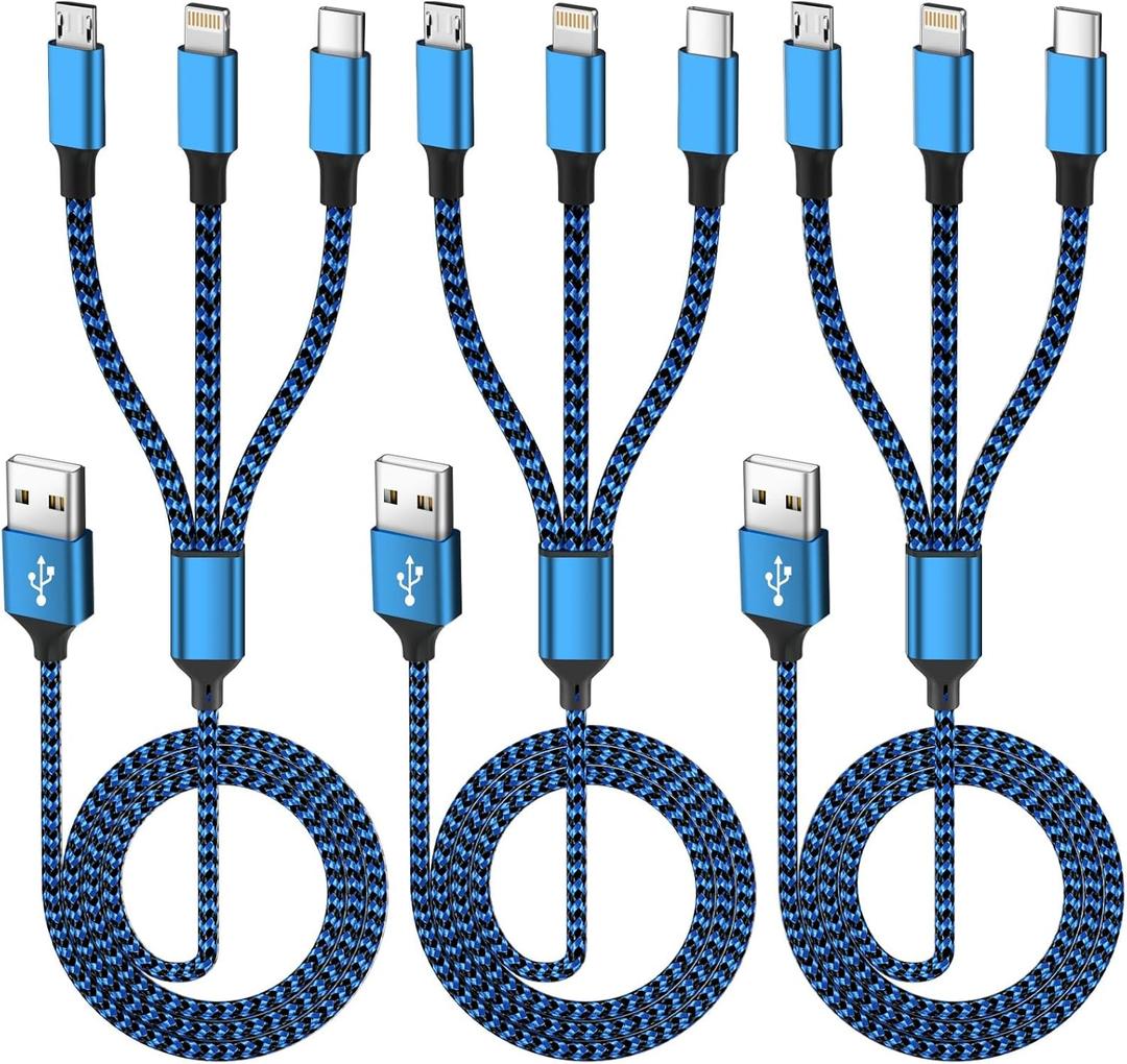 IDISON Multi Charging Cable(3Pack 4FT), 3 in 1 Charging Cable for Multiple Devices, USB-A Multi Charger Cord with Type-C, Micro USB and IP Port for iPhone 16/15/14/13/iPad/Android/Tablets and More
